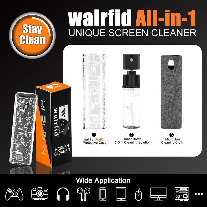 walrfid Car Screen Cleaner Spray and Wipe, Laptop Touchscreen Mist Cleaning Kit for Electronics Computer, iPad, CellPhone, MacBook, TV, Monitor, Tablet, Kindle Display, with White Graffiti Case - Grey - Image 2